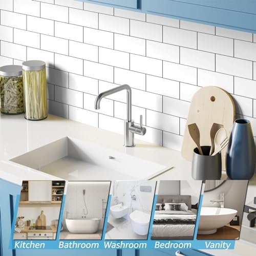 Art3d 102-Piece Peel and Stick Wall Tile for Kitchen Backsplash, Bathroom, Fireplace, 3in. × 6in. Stick on Subway Tile, Glossy White
