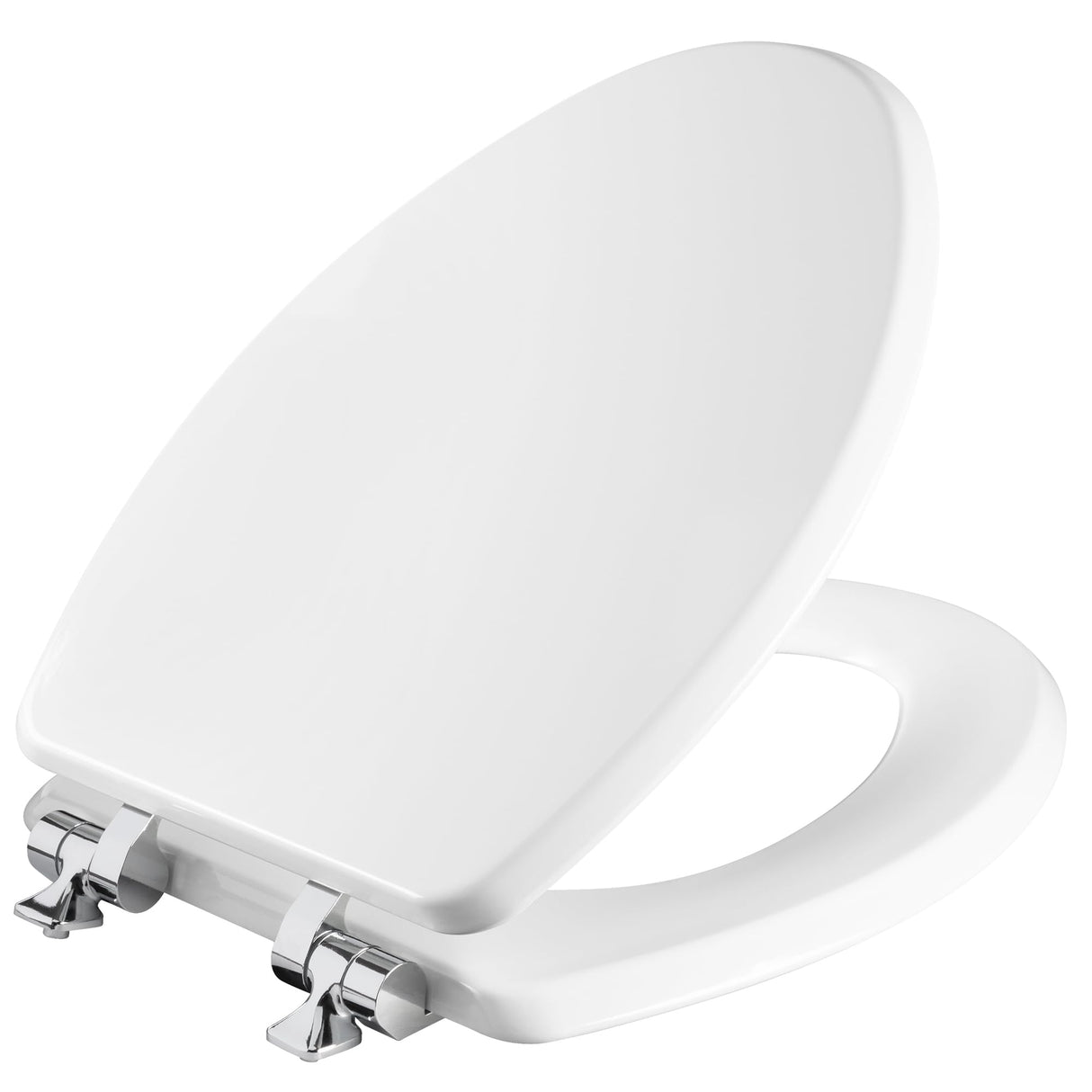 Mayfair Bennett Toilet Seat with Chrome Hinges, Slow Close Wood Seat, Secure Metal Hinges, Easy Install, Made in USA, Elongated, White