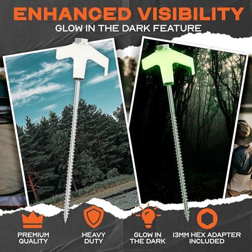 15-Pack 8" Heavy Duty Screw in Tent Stakes, Drill-In Ground Anchor Pegs, Includes Hex Head Driver & Storage Bag