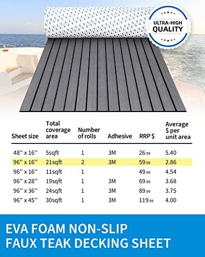 OCEANBROAD EVA Foam Boat Flooring with 3M Adhesive Backing Marine Self-Adhesive Decking 96''x45.6''/36''/28.8''/16.8'', 48''x16.8'' Faux Teak Sheet for Jon Boats Swim Platform Helm Pad RV Floor