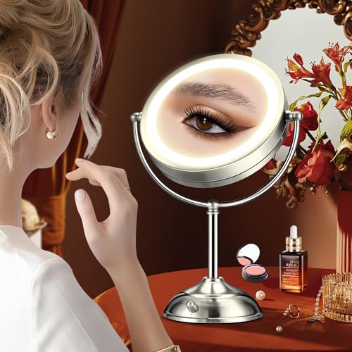 20x Large Lighted Makeup Mirror, Rechargeable 8.6" Magnifying Makeup Mirror, 30-Minute Timer,3 Color Modes, Adjustable Brightness, No Assembly Required, 360° Rotation Cosmetic Mirror, Pearl Nickel