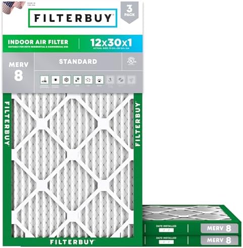 Filterbuy 12x30x1 Air Filter MERV 8 Dust Defense (3-Pack), Pleated HVAC AC Furnace Air Filters Replacement (Actual Size: 11.88 x 29.88 x 0.75 Inches)