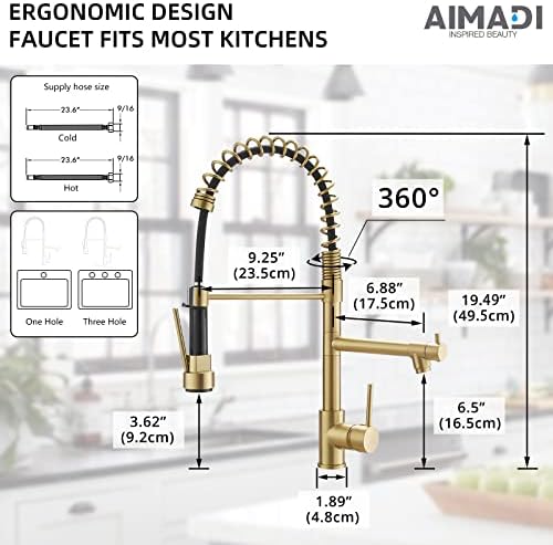 Brushed Gold Kitchen Faucet with Pull Down Sprayer, AIMADI Commercial Gold Kitchen Sink Faucet Single Handle Spring Two Nozzles Faucets