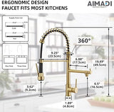 Brushed Gold Kitchen Faucet with Pull Down Sprayer, AIMADI Commercial Gold Kitchen Sink Faucet Single Handle Spring Two Nozzles Faucets
