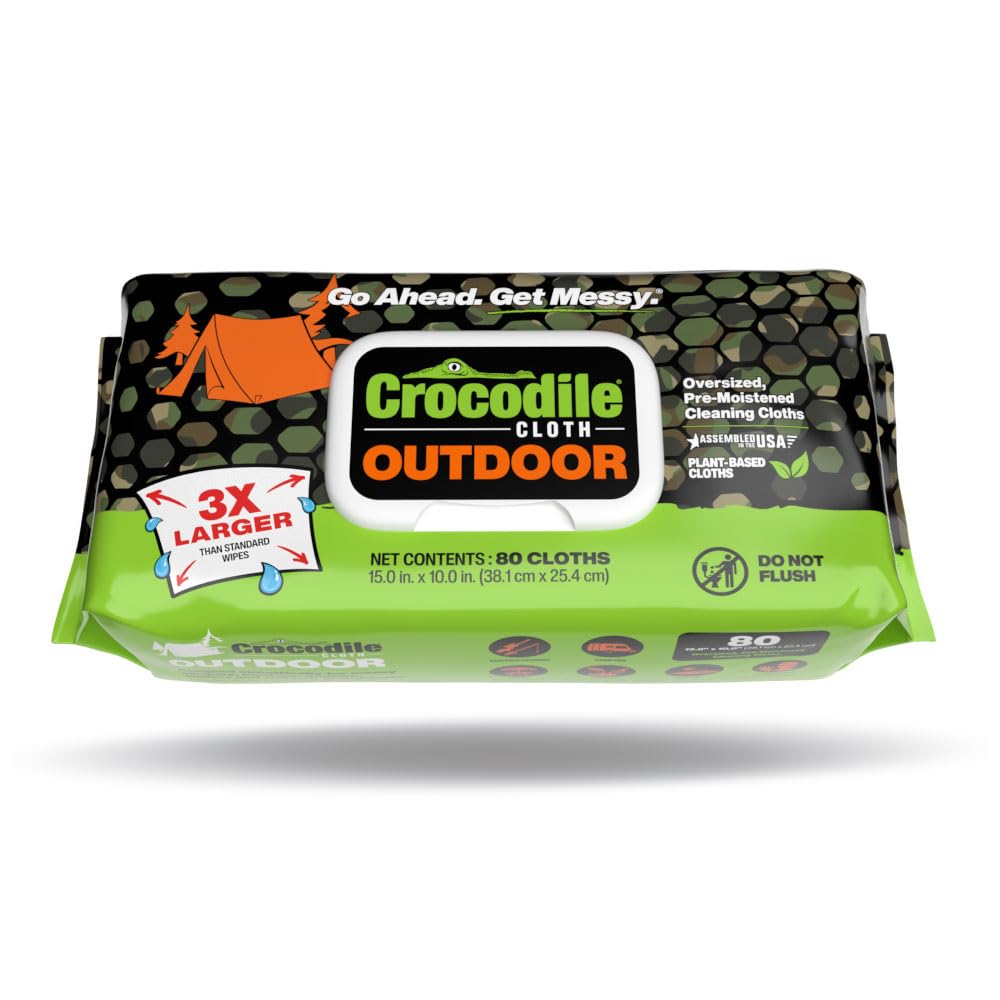 Crocodile Cloth Outdoor Cleaning Wipes, Plant-Based Multi-Surface Wipes, Pre-Moistened, Aloe & Vitamin E, Safe on Skin, 80 Count, 15 x 10 Inch