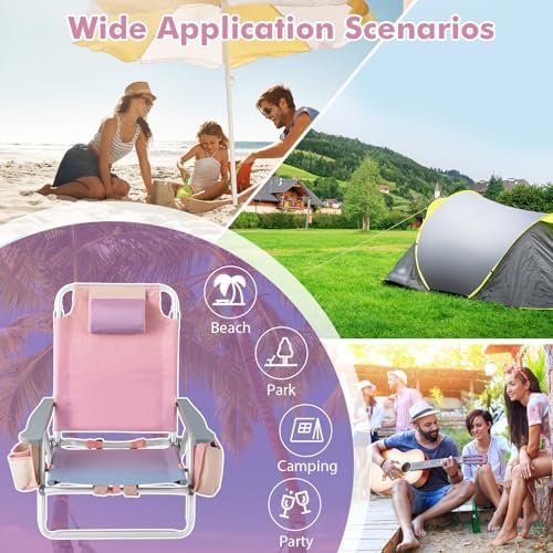Giantex Folding Beach Chair, Patio Sling Chairs with 5 Adjustable Position, Head Pillow, Storage Bag, Towel Bar, Cup Holders, Backpack Chairs for Sunbathing, Camping Chair