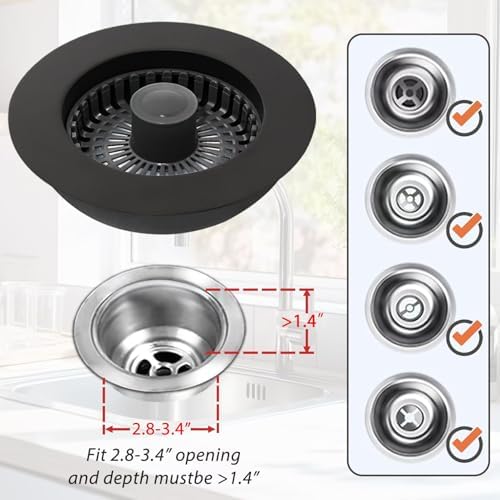 Kitchen Sink Drain Strainer,3 in 1 Pop Up Kitchen Sink Stopper,Made of Brass Material,with an Extra Basket Strainer,Sink Bounce Core Drain Strainer,Universal for US Standard 3-1/2 Inch,Black