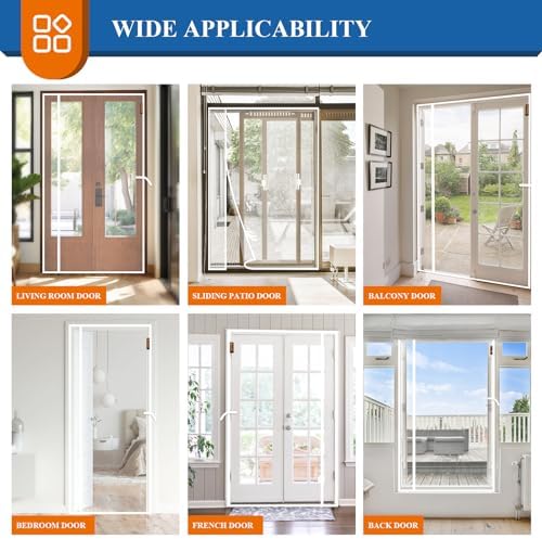 MAGZO Magnetic Screen Door White 32'' x 80'', Reversible Left Right Side Opening, Upgraded Polyester Scratch-Proof, Mesh Net for Sliding Glass/Single/Patio/French Doors with Adhesive-Hook&Loop to Hang