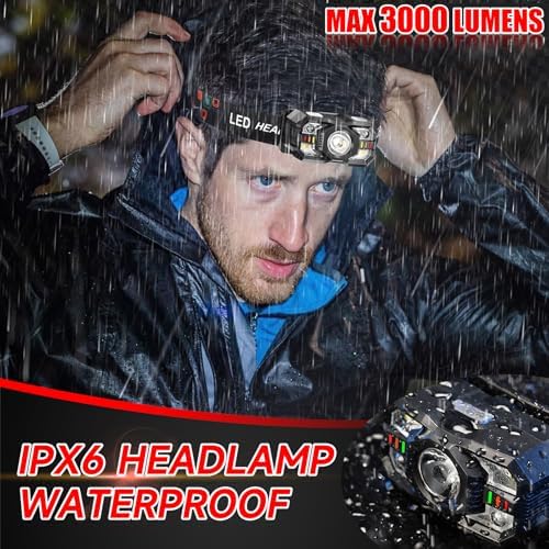 Headlamp Rechargeable 6Pack, 3000 Lumen Ultra-Light Bright Rechargeable Headlamp Flashlight with White Red Light, LED Headlight Motion Sensor, 5+5 Mode for Outdoor Camping Fishing Running Hiking