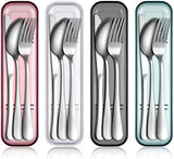 Yinkin 4 Pack Portable Travel Utensils Set with Case Reusable Stainless Steel Silverware Flatware Camping Cutlery Include Fork Spoon Knife for Work School Dishwasher Safe(White, Green, Red, Black)