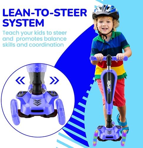 Hurtle 3-Wheeled Scooter for Kids - Wheel LED Lights, Adjustable Lean-to-Steer Handlebar, and Foldable Seat - Sit or Stand Ride with Brake for Boys and Girls Ages 1-14 Years Old