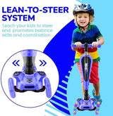 Hurtle 3-Wheeled Scooter for Kids - Wheel LED Lights, Adjustable Lean-to-Steer Handlebar, and Foldable Seat - Sit or Stand Ride with Brake for Boys and Girls Ages 1-14 Years Old