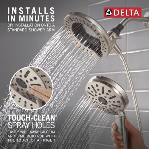 Delta Faucet 6-Setting In2ition 2-in-1 Dual Shower Head with ProClean Spray, Satin Nickel Round Shower Head with Hose, Hand Held Shower Head, Satin Nickel 75655SN
