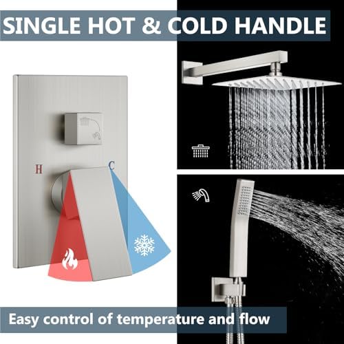 Aolemi Shower Faucet Set Rain Shower System with Handheld Spray Bathroom Shower Combo Rough-in Valve and Shower Trim Kit Included Brushed Nickel 8 Inch Wall Mount Shower Head