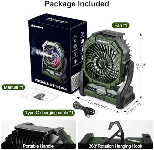 Odoland Portable Camping Misting Fan with LED Light, 20000mAh Battery Operated Rechargeable Mister Fan with 250mL Water Tank, Hook, Outdoor Tent Cooling Fans for Patios Beach Travel Home Summer, Green