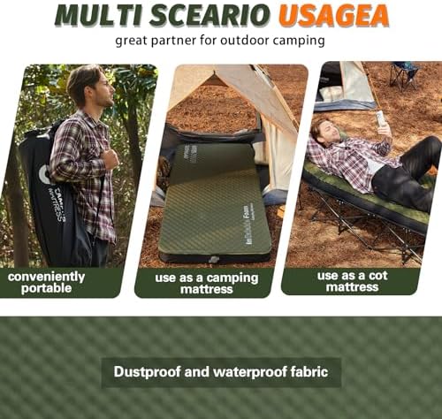 Self Inflating Sleeping Pad, 4in Ultra-Thick Foam Camping Cot Mattress with Air Pump Sack, Sleeping Mat for Adults Inflatable Camping Pad Mattress, Cot Bed, Travel, Car, Tent, Home, Army Green