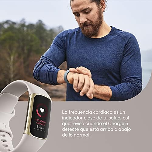 Fitbit Charge 5 Advanced Fitness & Health Tracker with Built-in GPS, Stress Management Tools, Sleep Tracking, 24/7 Heart Rate and More, Lunar White/Soft Gold, One Size (S &L Bands Included) (Renewed)