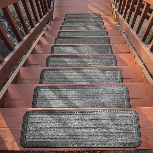 Indoor/Outdoor Hose-Wash Striped Design Non-Slip Rubber 10" x 30" Modern Stair Treads for Stairs, Garage, Patio, 5 Pack, Gray
