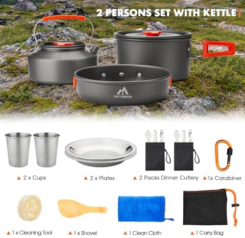 17pcs Camping Cookware Kit, 0.45Gal Pot, 7inches Pan,0.30Gal Kettle Set with 2 Set Stainless Steel Cups Plates Forks Knives Spoons for Hiking,Camping,Backpacking,Outdoor Cooking and Picnic