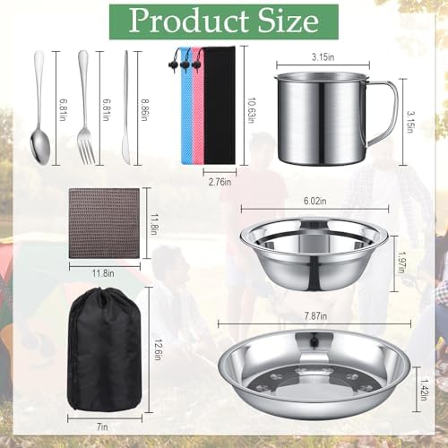 Lallisa Outdoor Camping Cookware Mess Kit Polished Stainless Steel Dishes Camping Utensils Portable Tableware with Plates Cups Spoons Forks Knives Mesh Bag for Backpacking Hiking