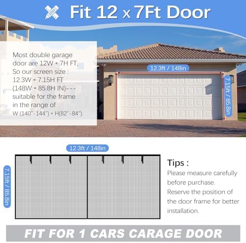 Garage Door Screen for 1 Car Garage 12x7FT, Magnetic Screen Garage with Retractable Fiberglass Mesh and Heavy Duty Weighted Bottom, Easy Assembly & Pass, Hands Free Screen Door Kit