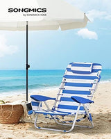 SONGMICS Portable Backpack Beach Chair, 331 lb Capacity, 4 Angles Adjustable Backrest, 2 Side Pockets, Towel Bar, Blue and White UGCB62BU