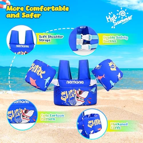 NEMONE Toddler Swim Vest for 22-70 lbs Kids Floaties Swim Jacket with Arm Water Wings for Girls Boys 2 3 4 5 6 7 Years Old Sea Beach Pool