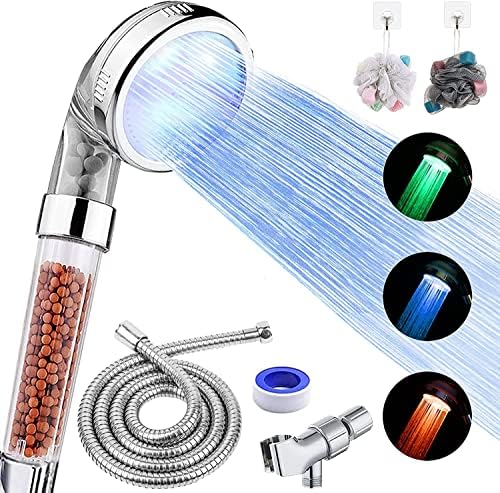 LED Shower Head with Handheld, High Pressure Shower Head with Hose, Holder & PTFE Tape etc, 3 Water Temperature-Controlled Water Saving Filtered Shower Head for Dry Hair& Skin