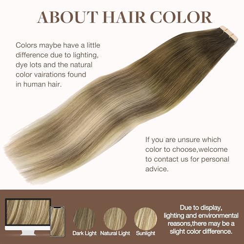 GOO GOO Tape in Hair Extensions Human Hair, 3/8/613 Balayage Walnut Brown to Ash Brown and Bleach Blonde, 18inch 50g 20pcs, Thick Ends Straight Seamless, Invisible Tape in Hair Extensions Human Hair