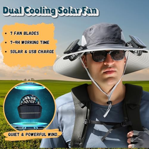 Outdoor Wide Brim Sun Hat with 2 Solar Fan Sun Bucket Hat for Men Women UPF 50+ Bucket Fishing & Beach Hat with Fan Built in