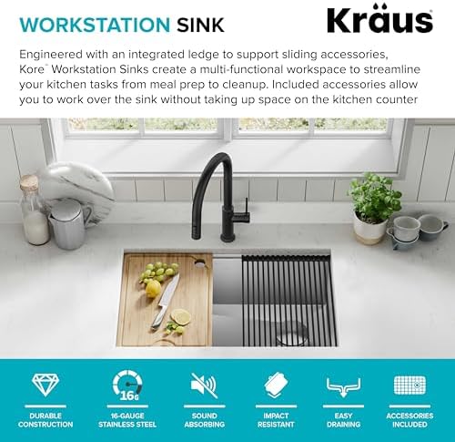 KRAUS Kore Workstation 30-inch Undermount 16 Gauge Stainless Steel Kitchen Sink, Single Bowl Kitchen Sink with Accessories, KWU110-30