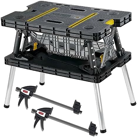 Keter Folding Work Table, Portable Workbench w/ 12" Clamps for Garage/Wood Shop - Heavy-Duty and All-Weather for DIY Home Improvements and Worksites