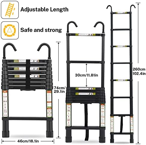 Telescopic Ladder, 8.5FT RIKADE Aluminum Telescoping Ladder with Non-Slip Feet and Stable Hook, Portable Extension Ladder for Household and Outdoor Working, 330lb Capacity Black