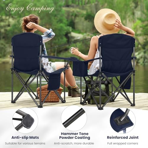 Oversized Portable Camping Folding Chair, Heavy Duty Foldable Outdoor Chair, Camp Chair with Cup Holder and Cooler Bag for Camp, Travel, Support 450 LBS, 2 Pack(Blue)…