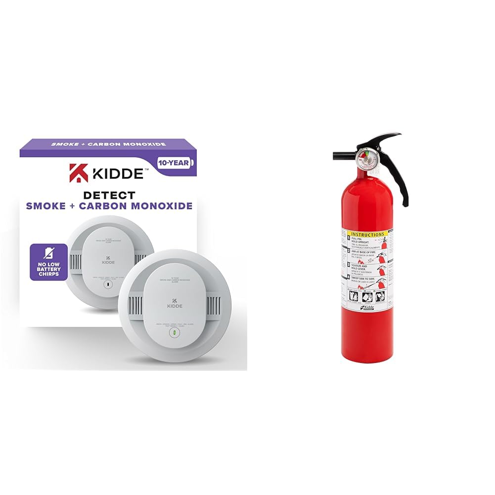 Kidde Smoke & Carbon Monoxide Detector 10-Year Battery with Kidde 1A10BC Fire Extinguisher 2 Pack Home Safety Bundle