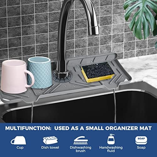 2 Pcs Silicone Faucet Handle Drip Catcher Tray, 2 in 1 Dish Soap Sponge Holder for Kitchen Sink & Splash Guard, Drying Mat for Sink Accessories, Counter, Bathroom