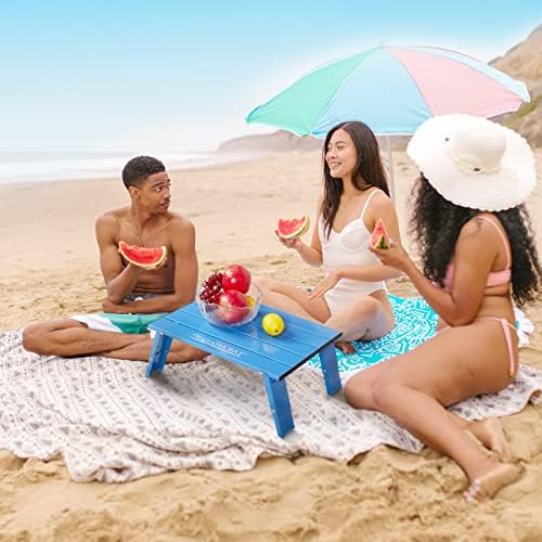 Ultralight Aluminum Mini Table, Foldable Small Beach Table with Retractable Legs, 66lbs/30kg Weight Capacity, Suitable for Picnic Camping Outdoor Hiking(Blue)
