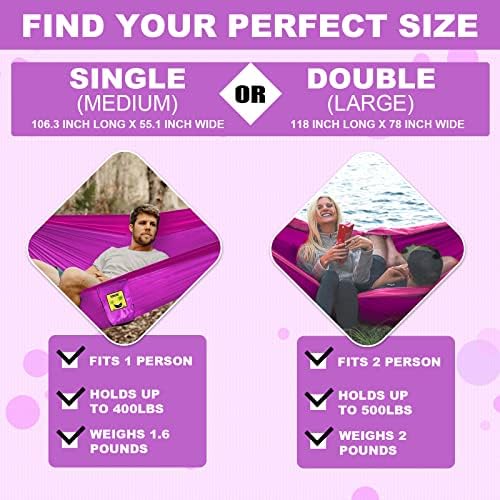 SZHLUX Camping Hammock Double & Single Portable Hammocks with 2 Tree Straps, Great for Hiking,Backpacking,Hunting,Outdoor,Beach,Camping,Purple / Pink