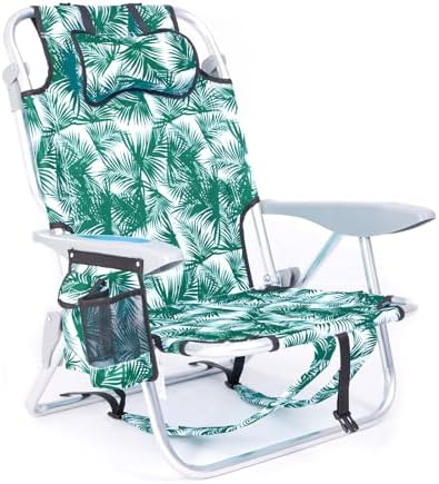 Portable Beach Chair for Adults, Outdoor Lightweight Camping Chair Lay Flat Folding Backpack Beach Reclining Chair with 4 Positions, Headrest, Cooler Pouch, Cup Holder