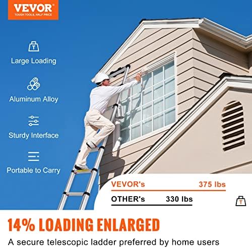 VEVOR Telescoping Ladder, 12.5 FT Aluminum One-Button Retraction Collapsible Extension Ladder, 375 LBS Capacity w/Non-Slip Feet, Portable Multi-Purpose Compact Ladder for Home, RV, Loft, ANSI Listed