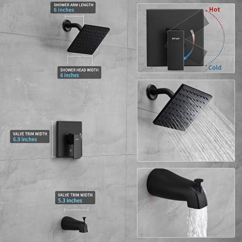Esnbia Tub Shower Faucet Set (Valve Included) with 6-Inch Rain Shower Head and Tub Spout, Black Shower Head and Handle Set，Single-Handle Tub and Shower Trim Kit, Matte Black