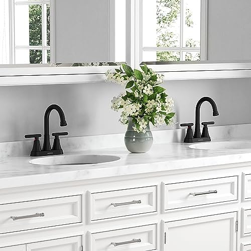 Bathroom Faucets for Sink 3 Hole, Hurran 4 inch Matte Black Bathroom Sink Faucet with Pop-up Drain and 2 Supply Hoses, Stainless Steel Lead-Free Centerset Faucet for Vanity RV, 2 Pack