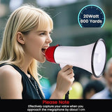 MyMealivos Portable Megaphone Bullhorn 20 Watt Power Megaphone Speaker Voice and Siren/Alarm Modes with Volume Control and Strap (White&Red)