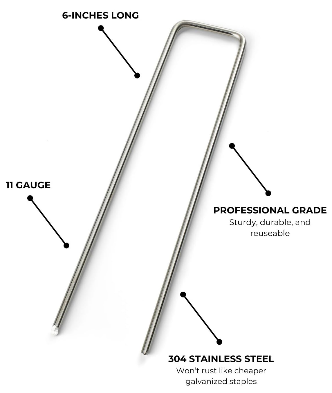 Stainless Steel Landscape Garden Staples Pins, 6-inch, 11 Gauge, Unlike Imposters Won't Rust - Perfect for Landscape Fabric, Irrigation Lines - 100 Pack