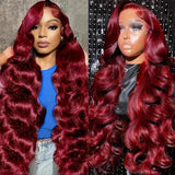 30 Inch 99j Burgundy Lace Front Wigs Human Hair 13x4 HD Transparent Wine Red Burgundy Body Wave Human Hair Lace Front Wigs for Women 180 Density Pre Plcked Human Hair Lace Frontal Wig with Baby Hair