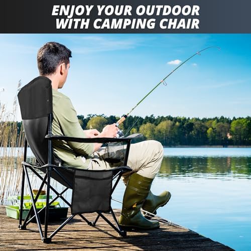 Folding Outdoor Beach Camp Chair with Cup Holder, Storage Pocket, Waterproof Bag Outdoor Arm Chair, Supports 225LBS, Black