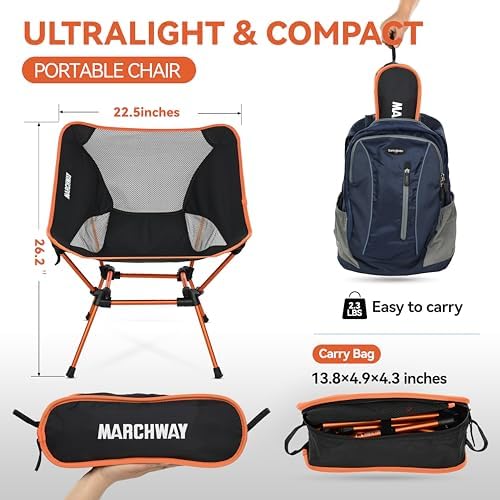 MARCHWAY Ultralight Folding Camping Chair, Heavy Duty Portable Compact for Outdoor Camp, Travel, Beach, Picnic, Festival, Hiking, Lightweight Backpacking (Orange)