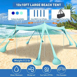 Beach Tent Canopy Pop Up Shade 10x10ft Sun Shelter Portable Family UPF50+ with 8 Sandbags-2 Sand Shovel-4 Aluminum Poles-Ground Pegs-Carrying Bag for Outdoor Camping Fishing Backyard Picnic