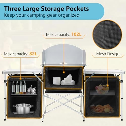Seeutek Camping Kitchen Table Aluminum Portable Outdoor Cooking Table Foldable Camp Table with Windscreen and 3 Storage Cupboards Multifunctional for BBQ, Party & Outdoor Activities