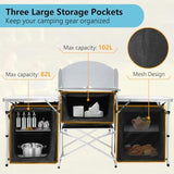 Seeutek Camping Kitchen Table Aluminum Portable Outdoor Cooking Table Foldable Camp Table with Windscreen and 3 Storage Cupboards Multifunctional for BBQ, Party & Outdoor Activities